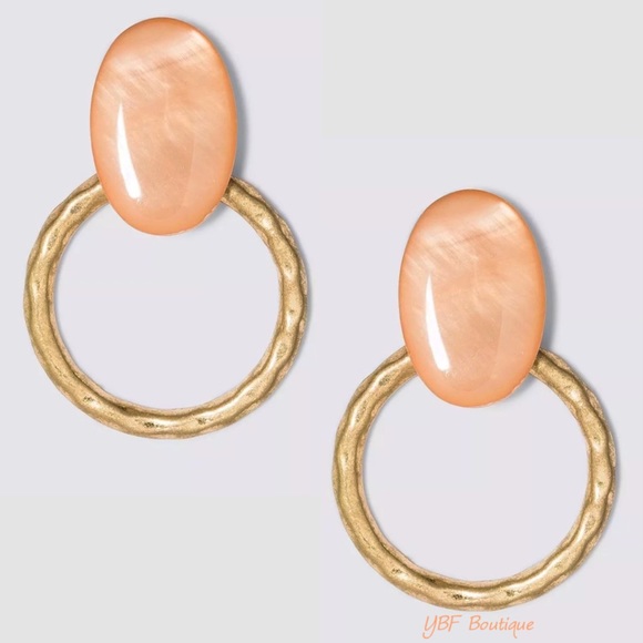 New Peach Burnished Gold Door Knocker Post Drop Hoop Statement Fashion Earrings - Picture 2 of 3